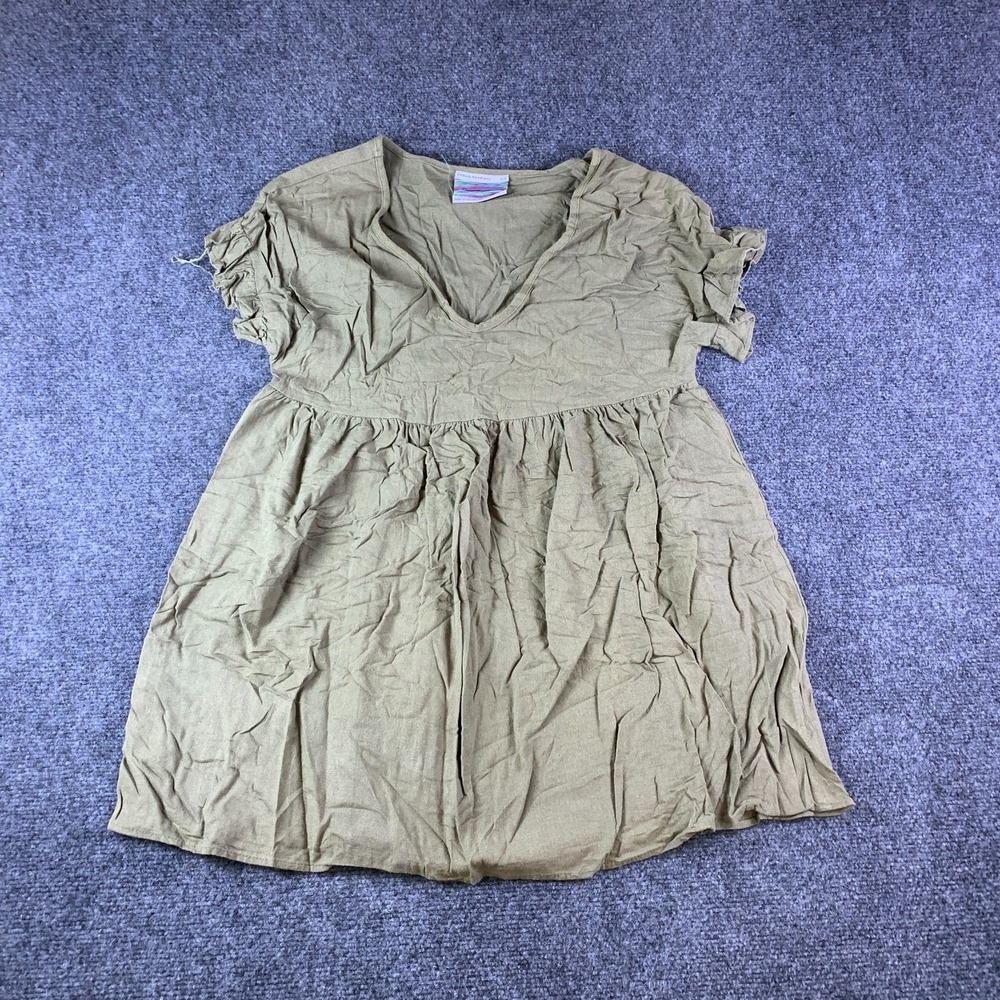 Urban Renewal Mini Dress Womens Small Olive Short Sleeve Pleated V Neck Pullover